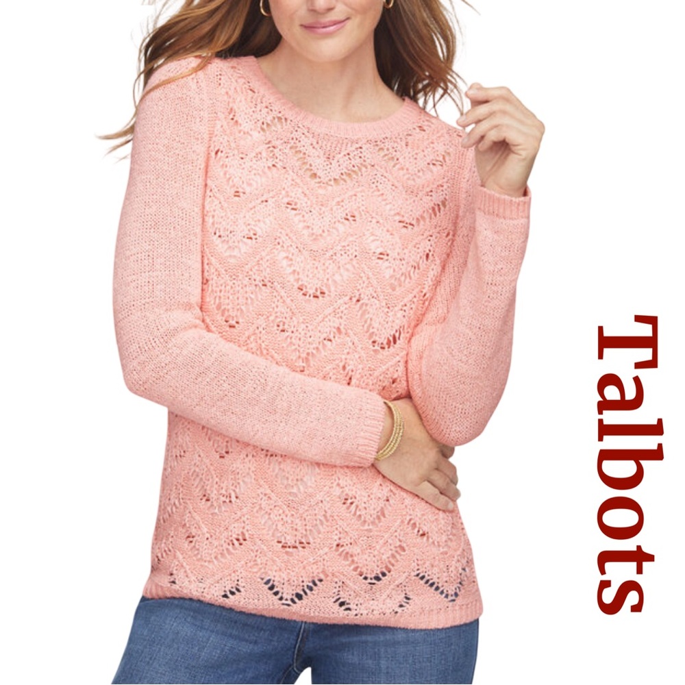 Talbots Pastel Pink Pointelle Open Knit Crew Neck Sweater Size XS
